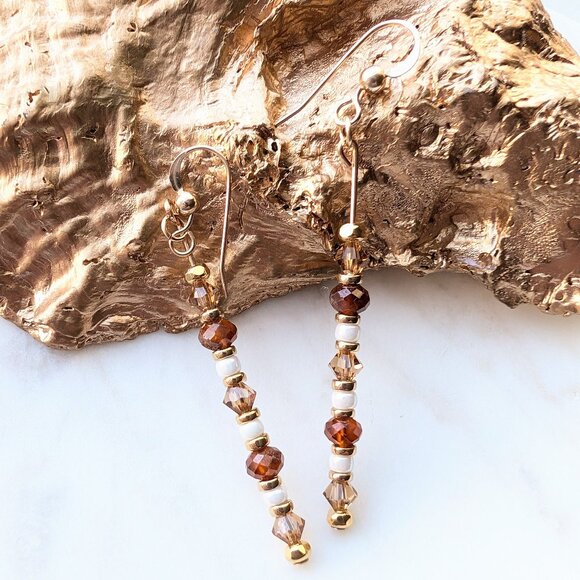 Gold Hessonite Garnet Dainty Drop Dangle Earrings - Picture 2 of 6